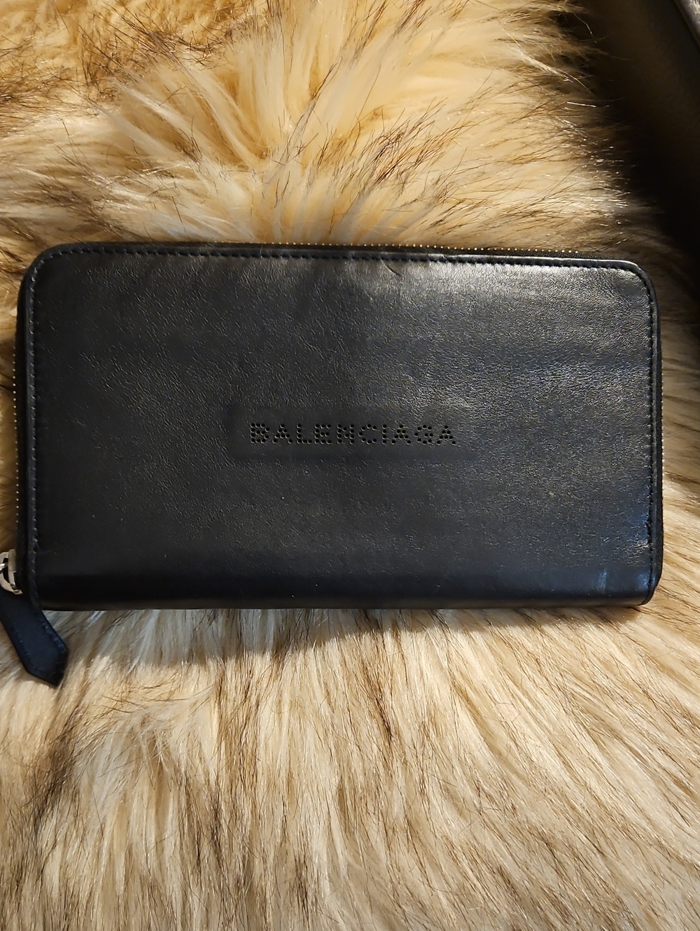 Balenciaga Black Leather Zip Wallet with Embossed Logo